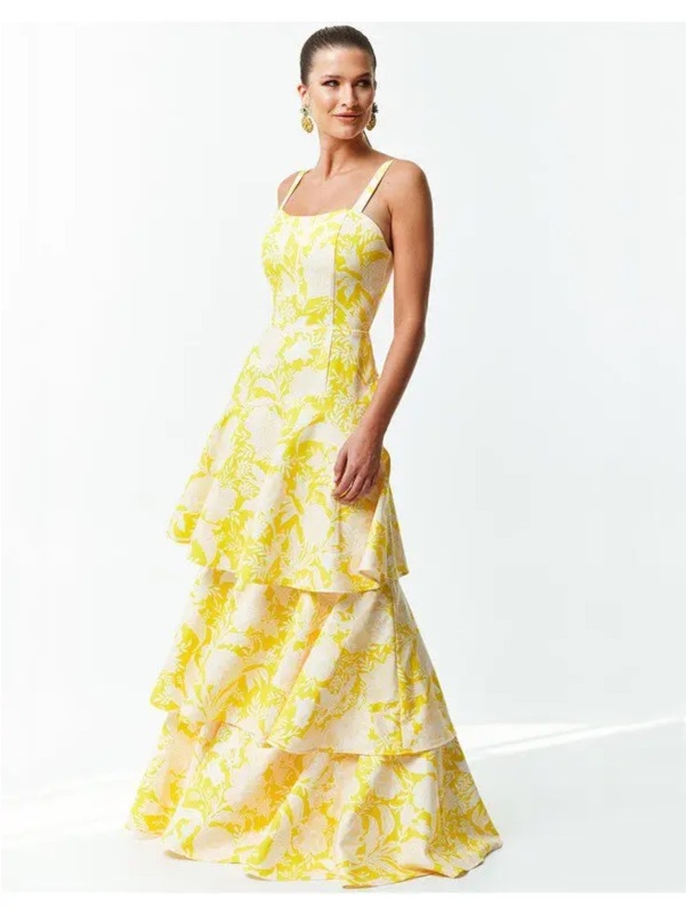 Yellow Floral Tiered Maxi Dress with Straps - Women